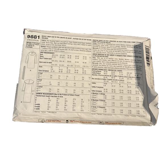 Simplicity 9881 Pattern Wrap Coat in Two Lengths Sz 6-16 AA UNCUT NEW Sewing - Picture 3 of 3